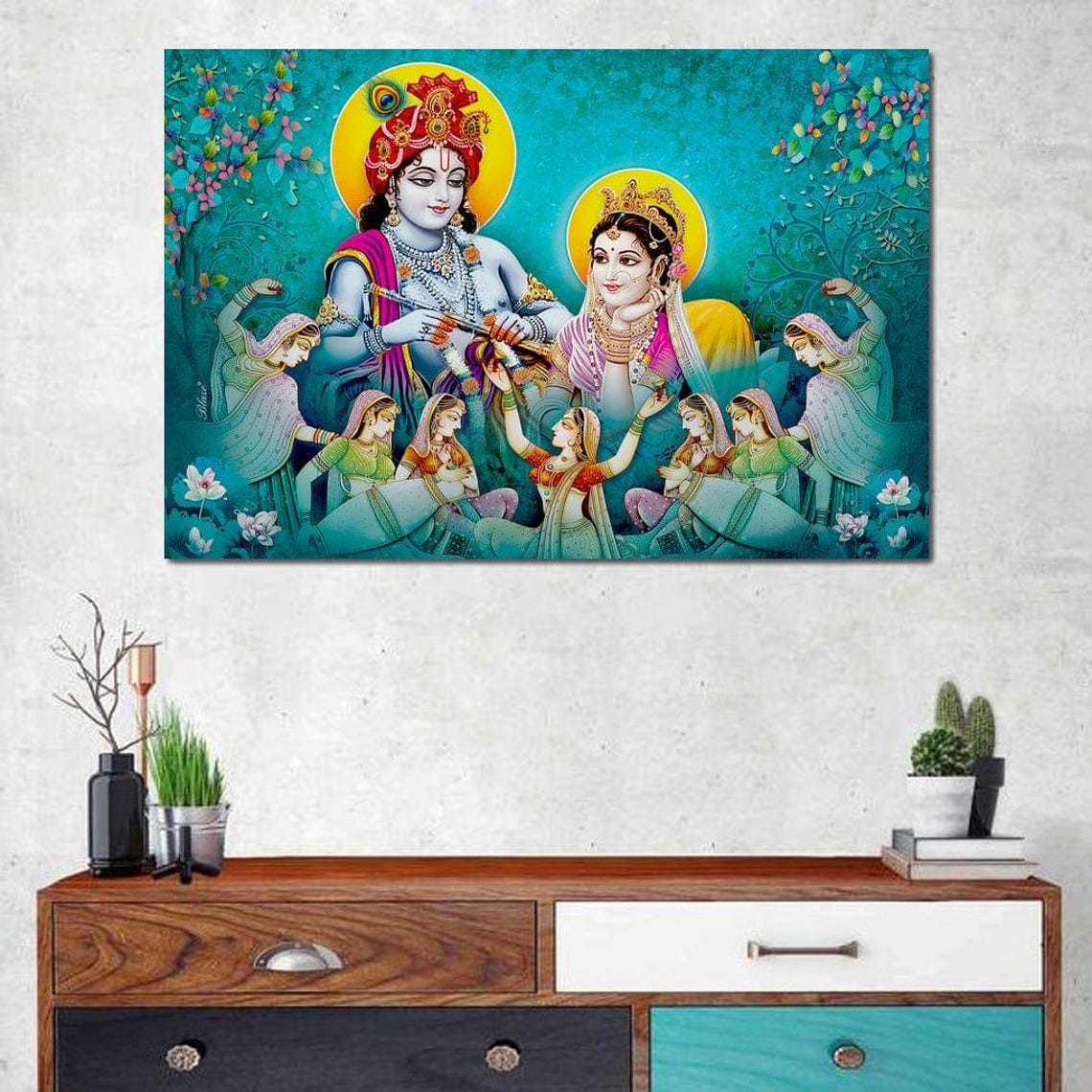 Krishna Playing Flute Gopis Dance Vibrant Hindu Festival Wall Art - Image 4