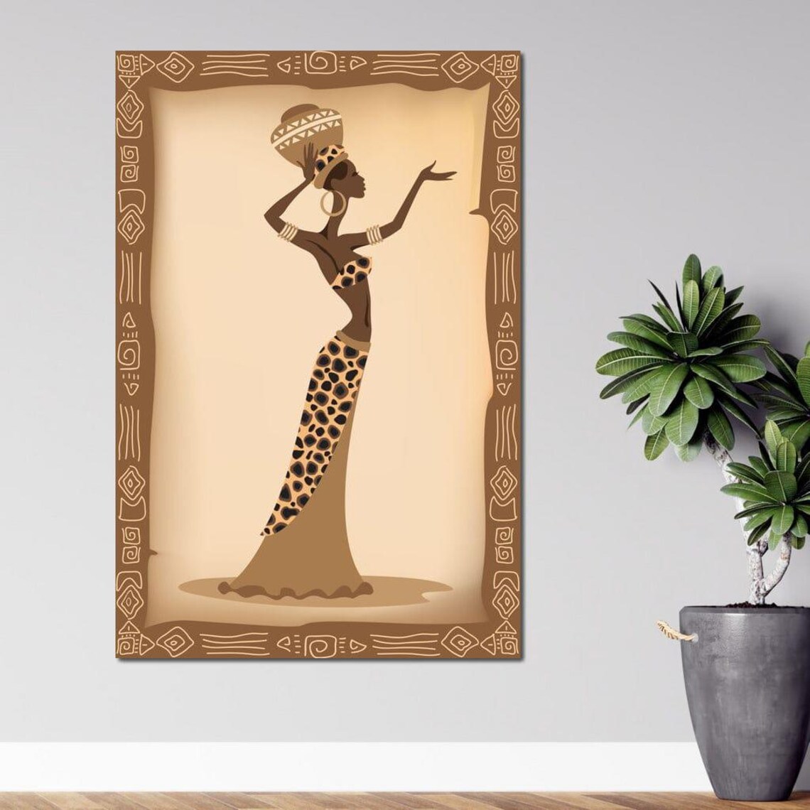 African Woman Leopard Print Dress Basket Tribal Border Beige Art Poster - Image 3