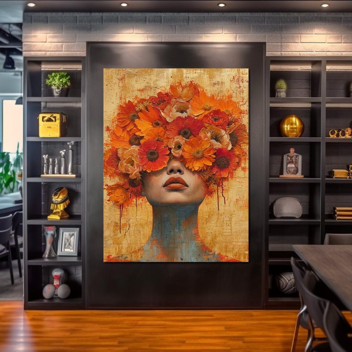 Autumn Daisies Woman Face Vintage Texture Warm Floral Art Print - Image 3