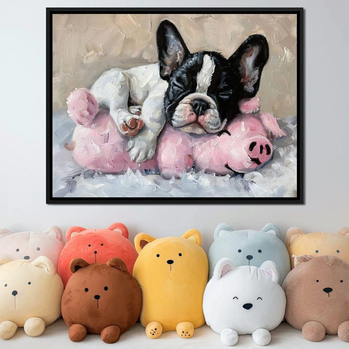 Sleeping Bulldog Puppy Cuddling Pink Plush Pig Cute Pet Nursery Poster - Image 4