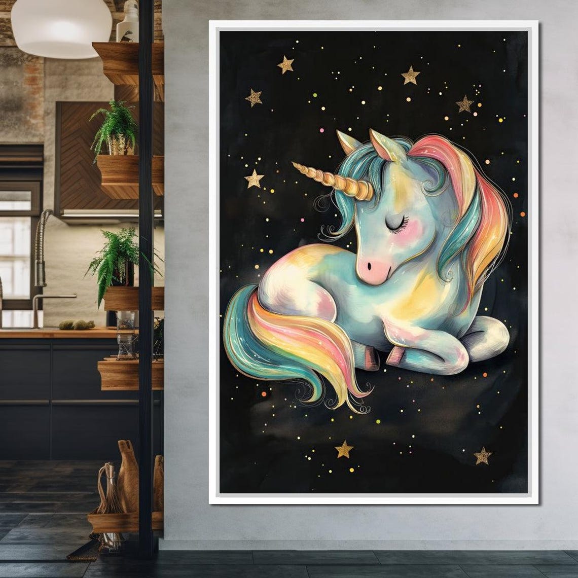 Sleeping Pastel Unicorn Rainbow Mane Starry Night Kids Art Poster - Image 4