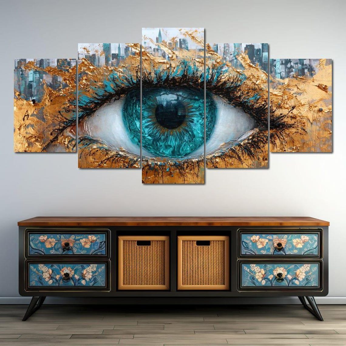 Turquoise Eye Skyline Five Panel Gold Canvas Modern Statement Poster