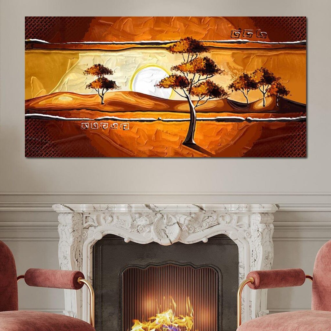 African Savanna Sunset Acacia Trees Amber Landscape Wall Art - Image 4