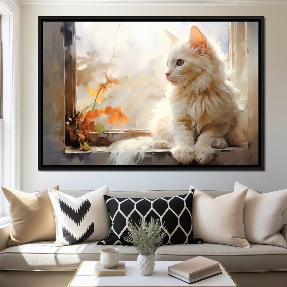 White Fluffy Cat Gazing Out Autumn Windowsill Cozy Art Print
