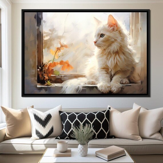 White Fluffy Cat Gazing Out Autumn Windowsill Cozy Art Print