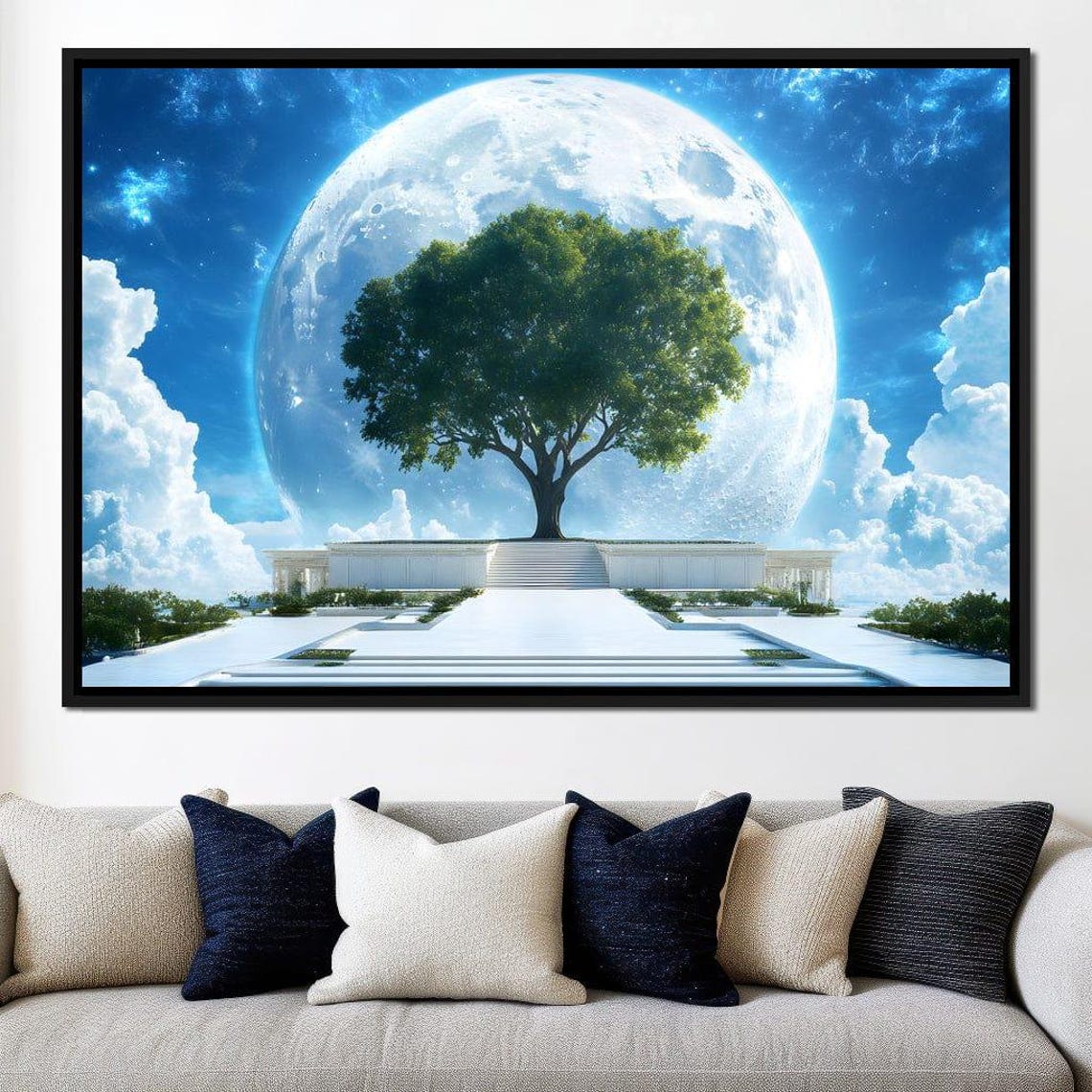 Celestial Tree Sanctuary Under a Giant Full Moon Spiritual Poster
