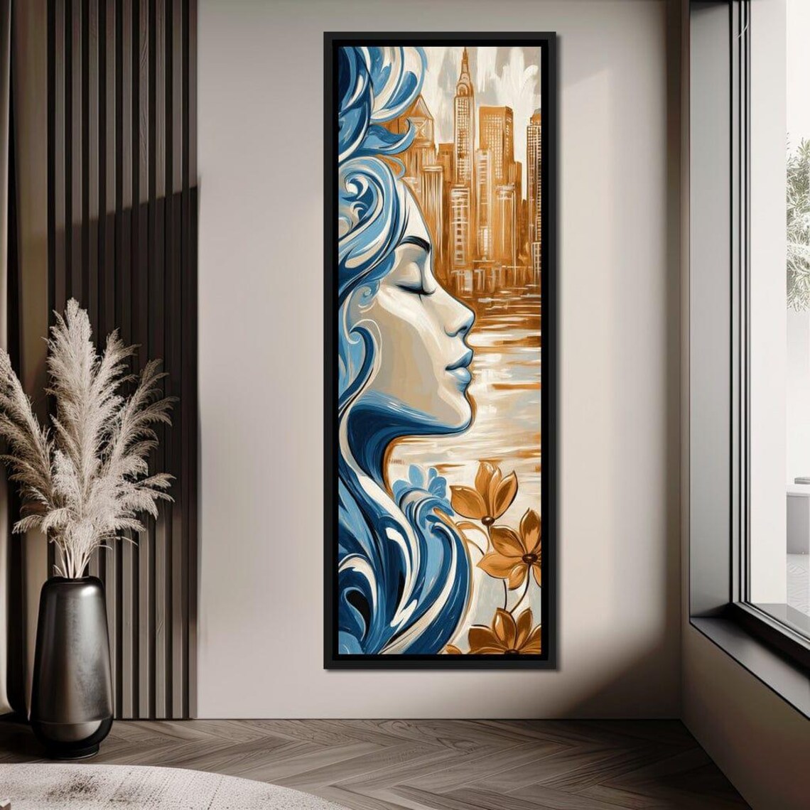 Art Deco Woman Ocean Wave Hair Golden City Skyline Profile Wall Print - Image 4