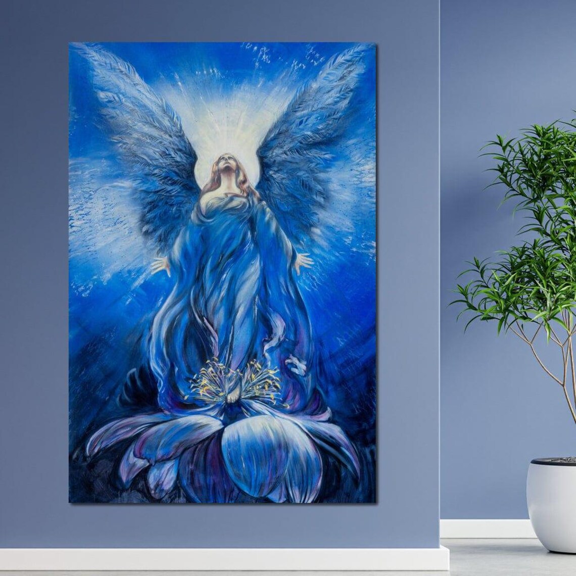 Blue Angel with Wings Rising over Flower Heavenly Spiritual Art Poster - Image 3