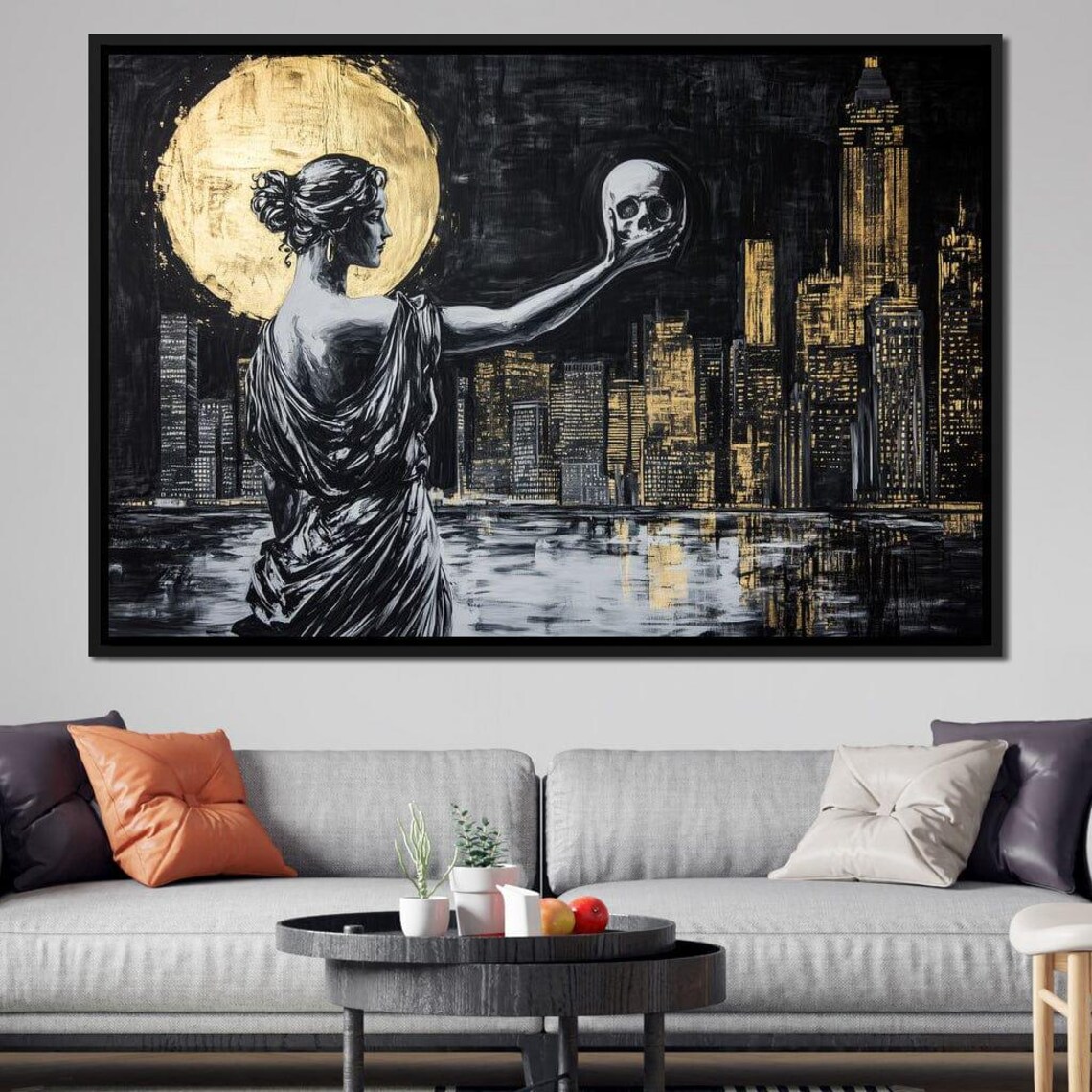 Greek Statue Woman Skull Gold Moon Night City Skyline Wall Art - Image 2
