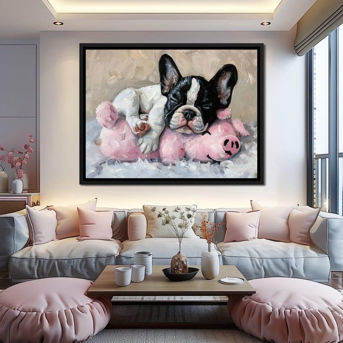 Sleeping Bulldog Puppy Cuddling Pink Plush Pig Cute Pet Nursery Poster - Image 2