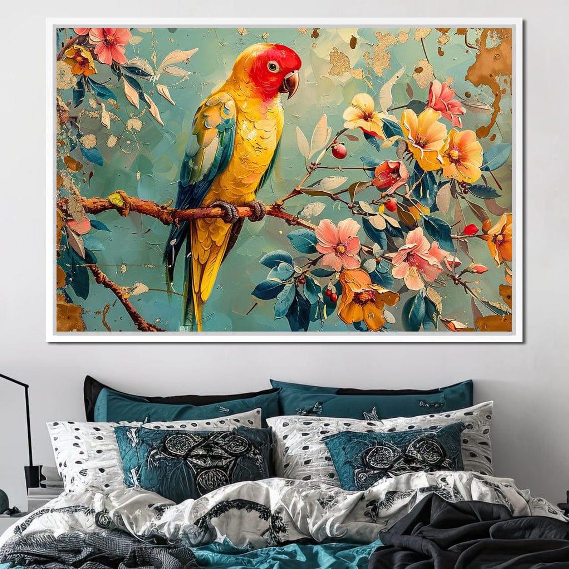 Vibrant Sun Conure Parrot Blossom Branch Floral Bird Wall Art Poster