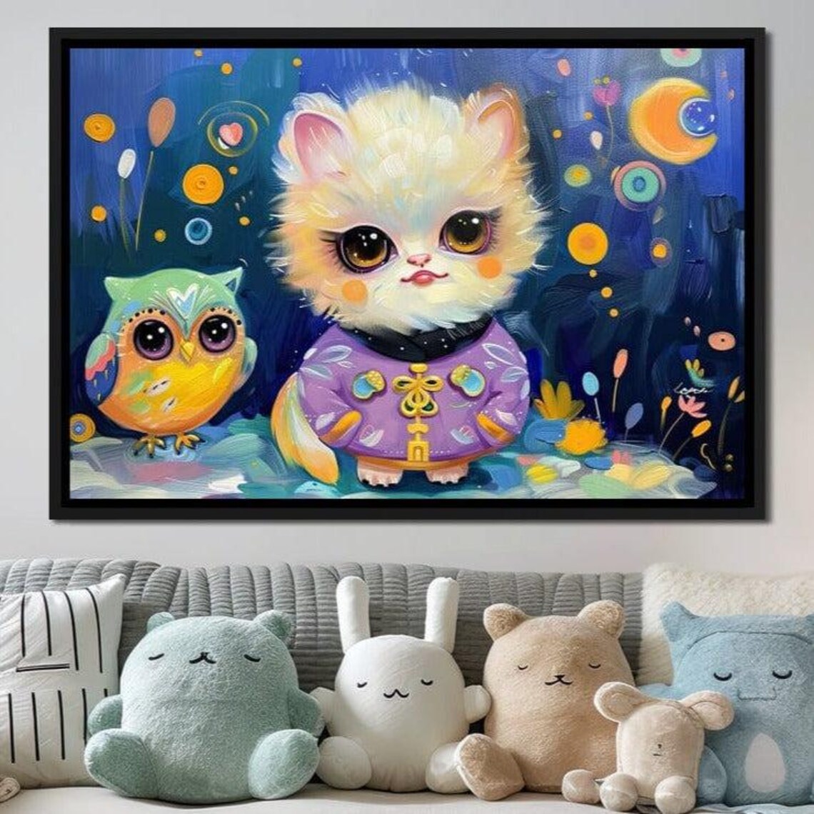 Whimsical Kitten Owl Fantasy Painting Big Eyes Night Magic Kids Room Poster