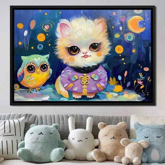 Whimsical Kitten Owl Fantasy Painting Big Eyes Night Magic Kids Room Poster