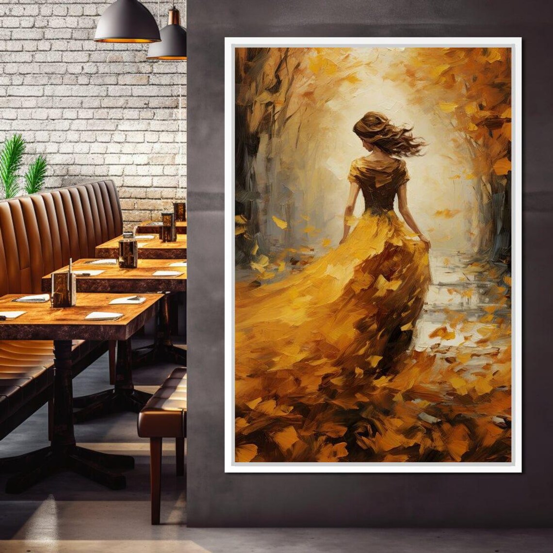 Woman Golden Dress Autumn Forest Falling Leaves Oil Painting Print - Image 3