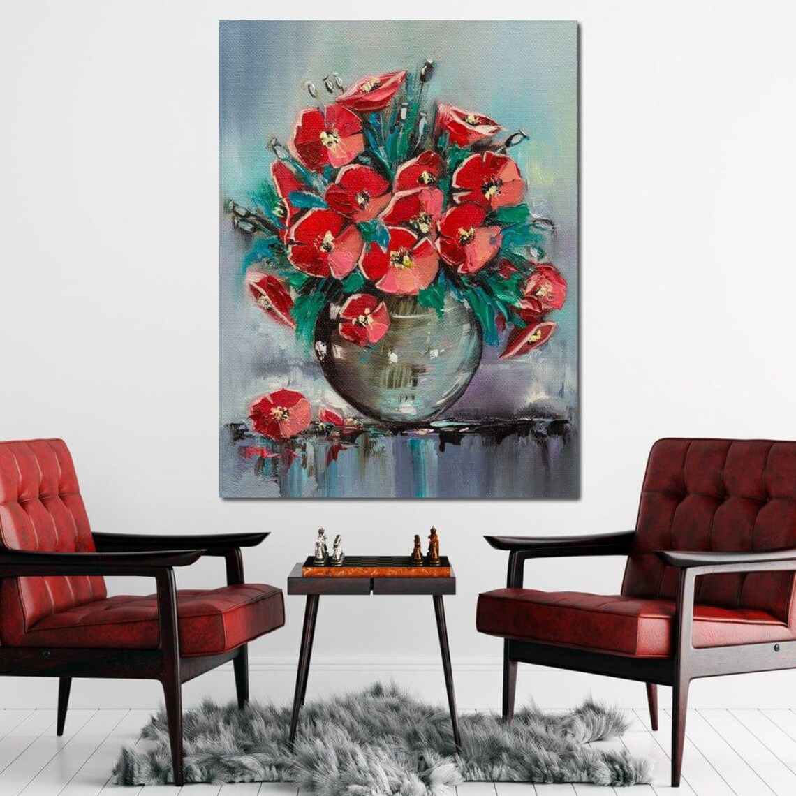 Red Poppy Bouquet Glass Vase Oil Painting Bold Floral Art Poster - Image 4