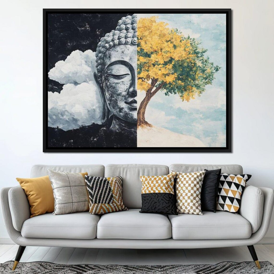 Buddha Half Golden Tree Split Night Day Zen Spiritual Balance Wall Art Print - Image 3
