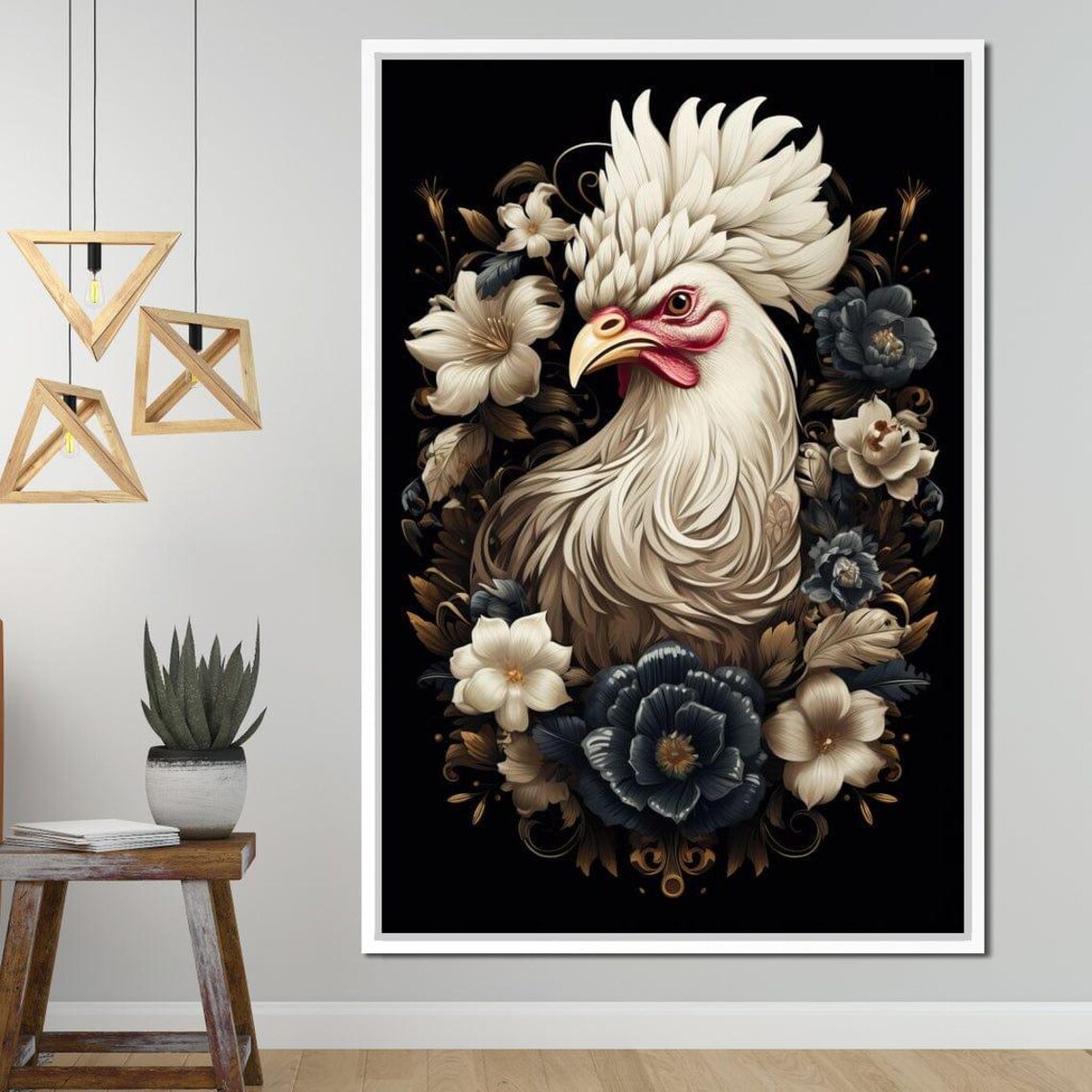 White Rooster Portrait With Dark Floral Bouquet Black Gold Poster - Image 4