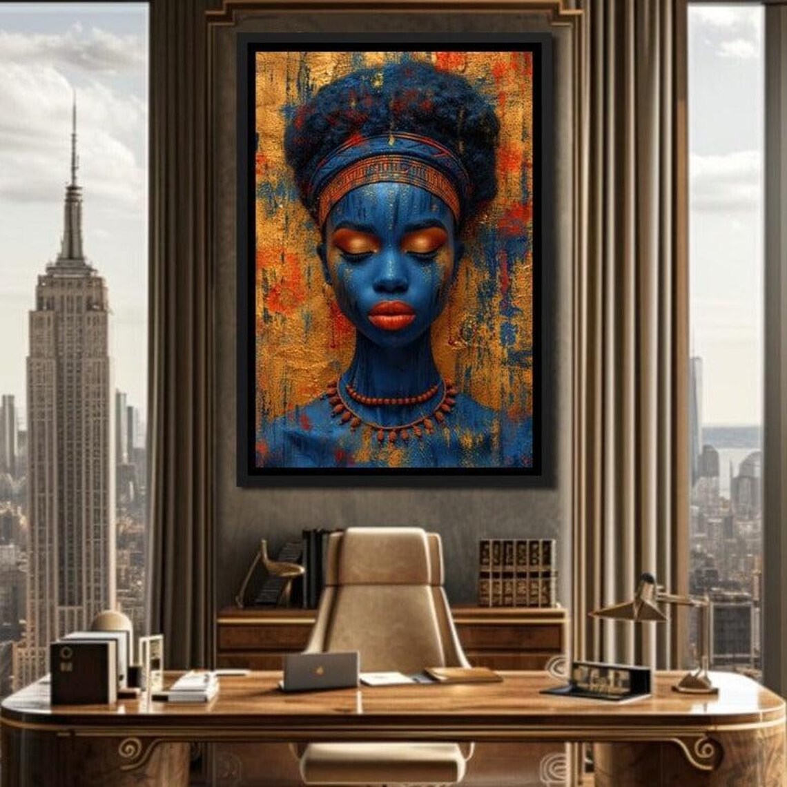 Blue African Beauty Golden Eyes Textured Tribal Portrait Wall Art - Image 4