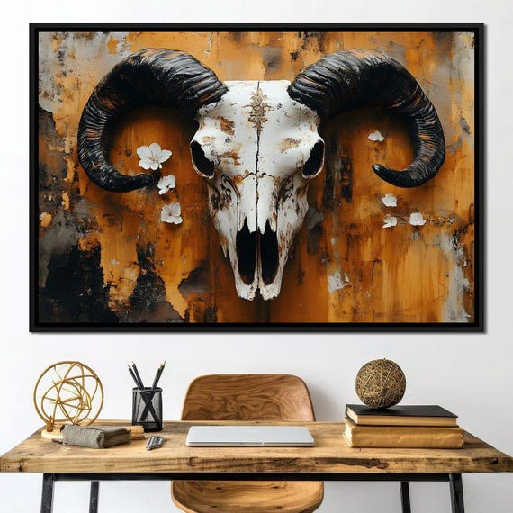 Horned Essence Rustic Elegance Skull Decor Boho Wall Art Western Style Home Decor Unique Vintage Art By Nichecanvas