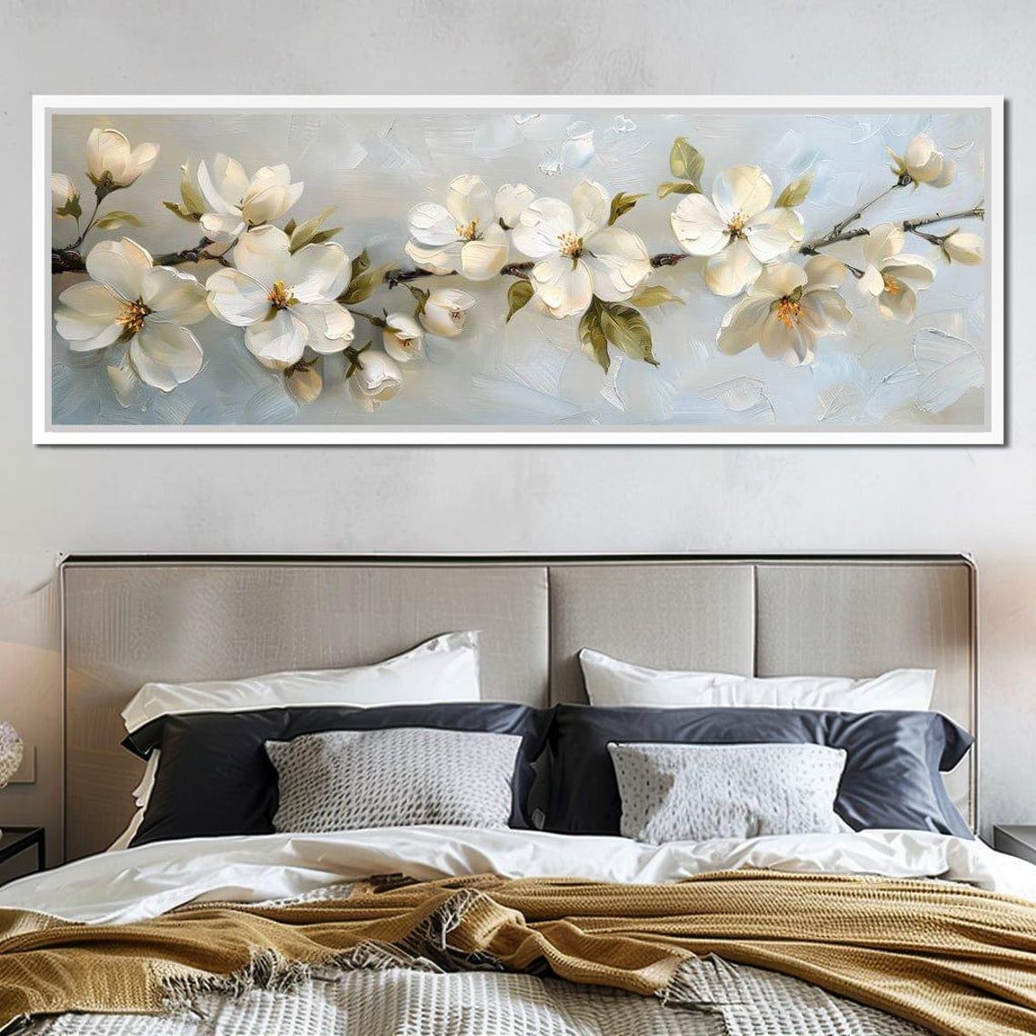White Cherry Blossom Branch Panoramic Oil Painting Flower Wall Art - Image 2