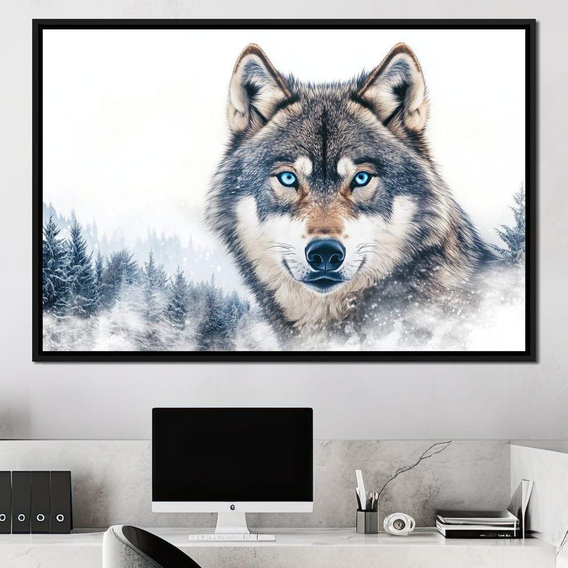 Arctic Wolf Blue Eyes Snowy Pine Forest Winter Wildlife Wall Art - Image 4