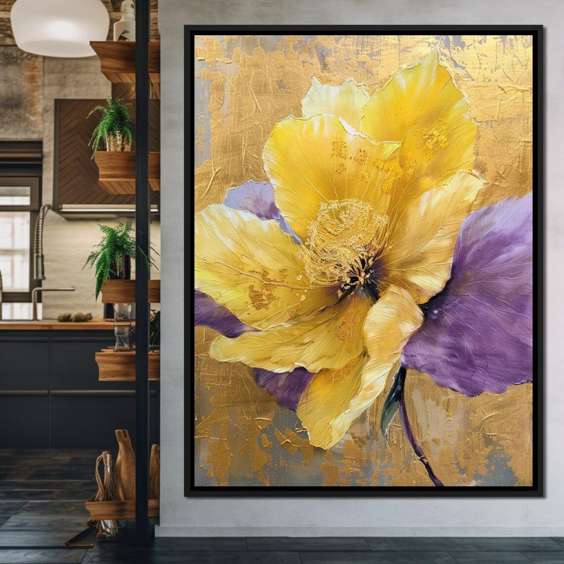 Yellow Gold Flower Purple Petals Abstract Gold Leaf Wall Art Poster