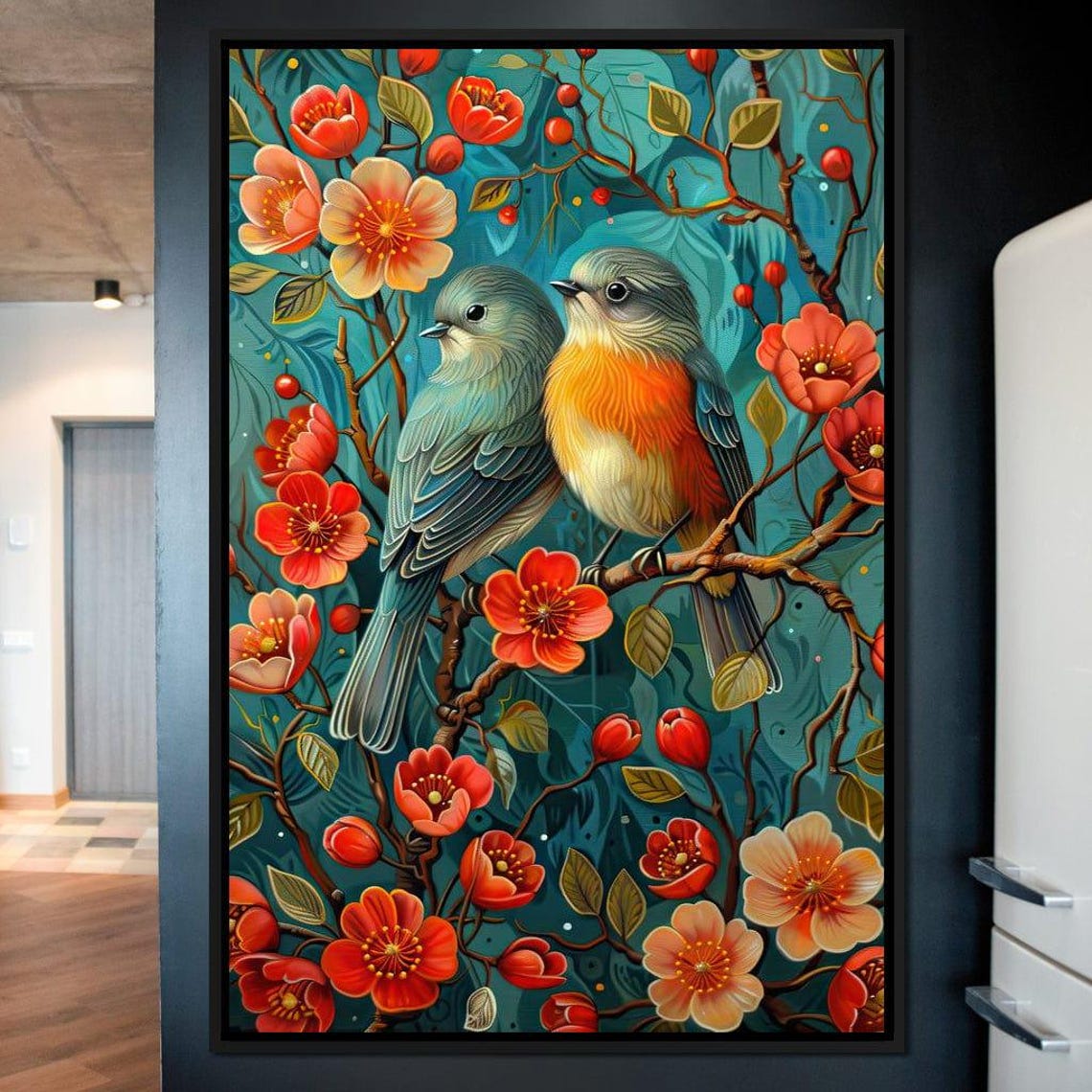 Two Songbirds Blossoming Branch Coral Flowers Vintage Bird Art Print - Image 4