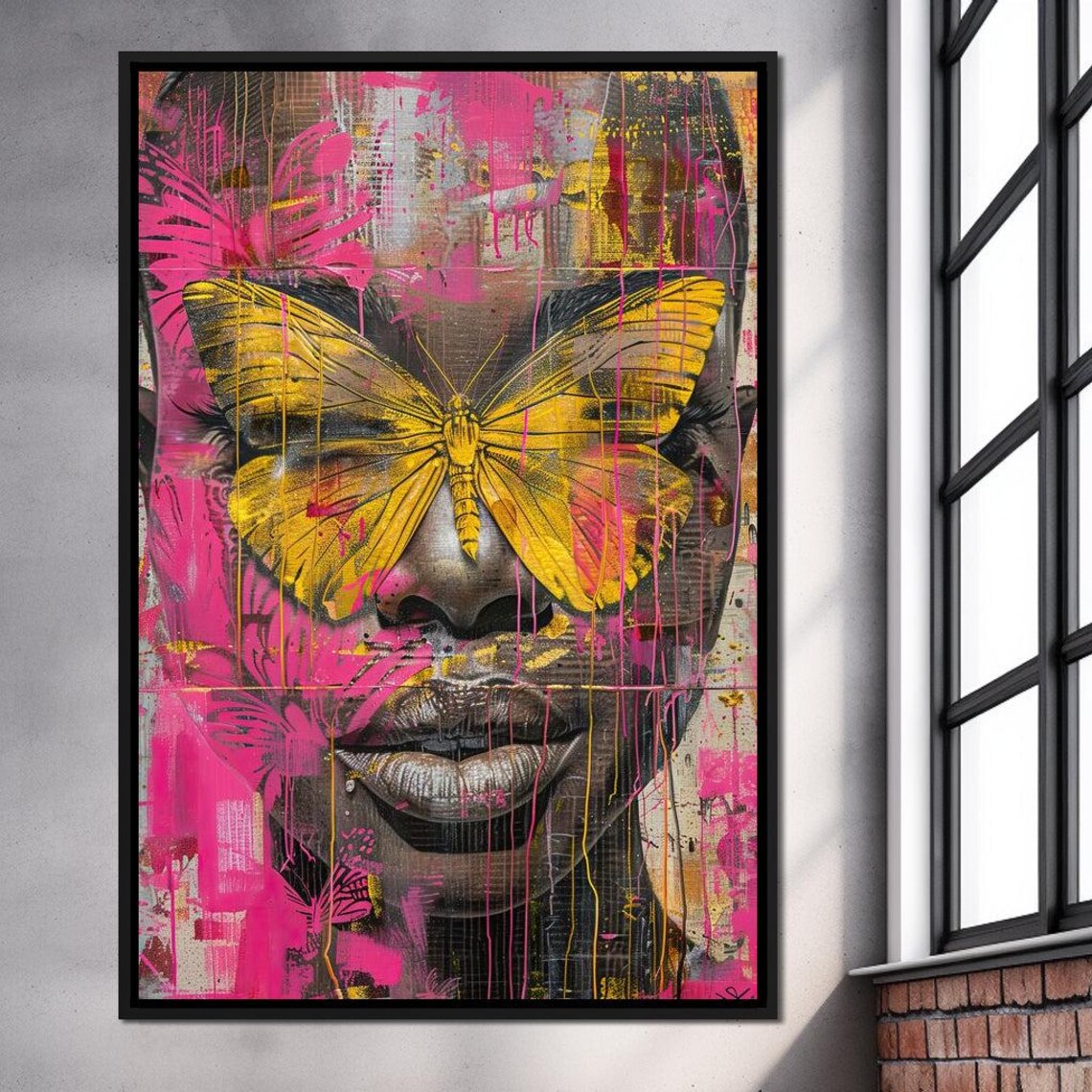 Yellow Butterfly Mask Woman Pink Paint Drip Graffiti Portrait Poster - Image 3