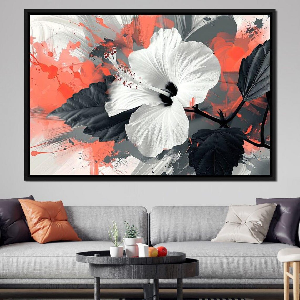 White Hibiscus Flower Red Black Abstract Bold Tropical Art Poster - Image 2