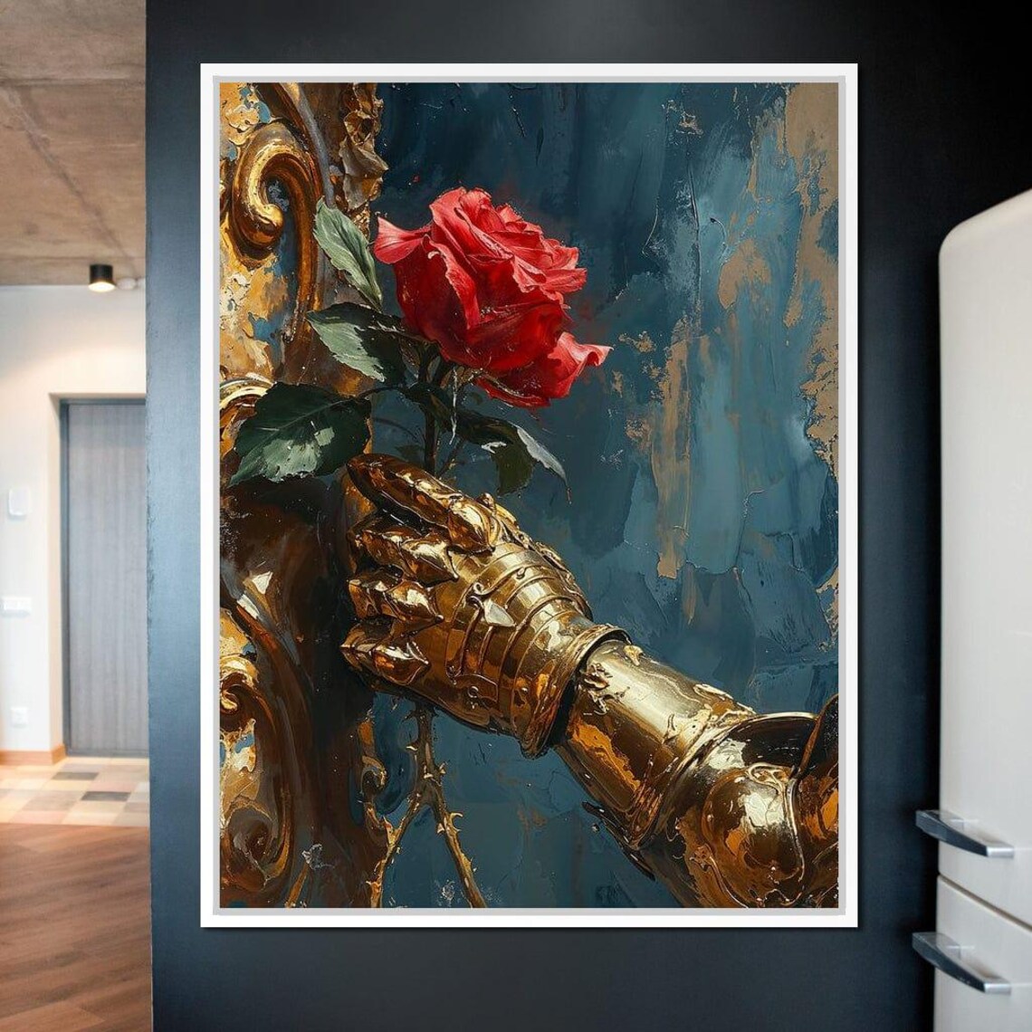 Golden Knight Gauntlet Holding Red Rose Fantasy Romantic Poster - Image 2