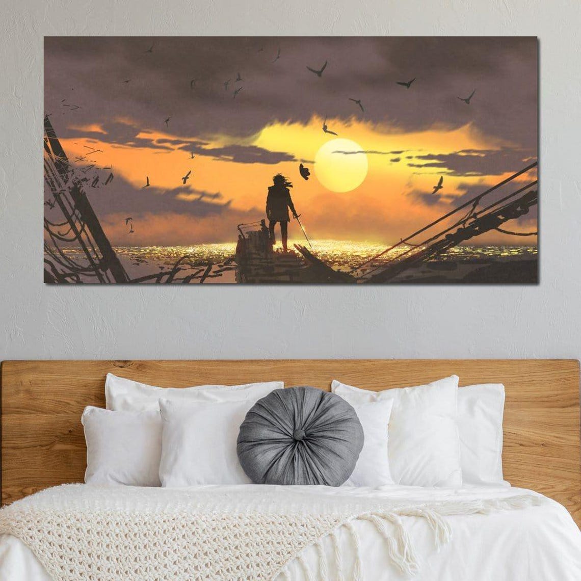 Warrior Silhouette Sword Shipwreck Sunset Dark Fantasy Seascape Poster - Image 3