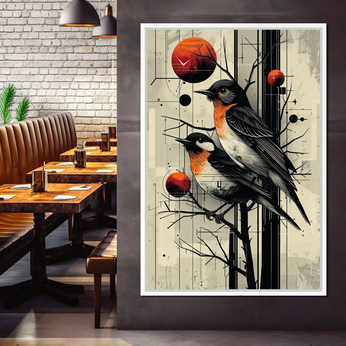 Pair of Robins Bare Branches Modern Abstract Bird Art Poster - Image 3