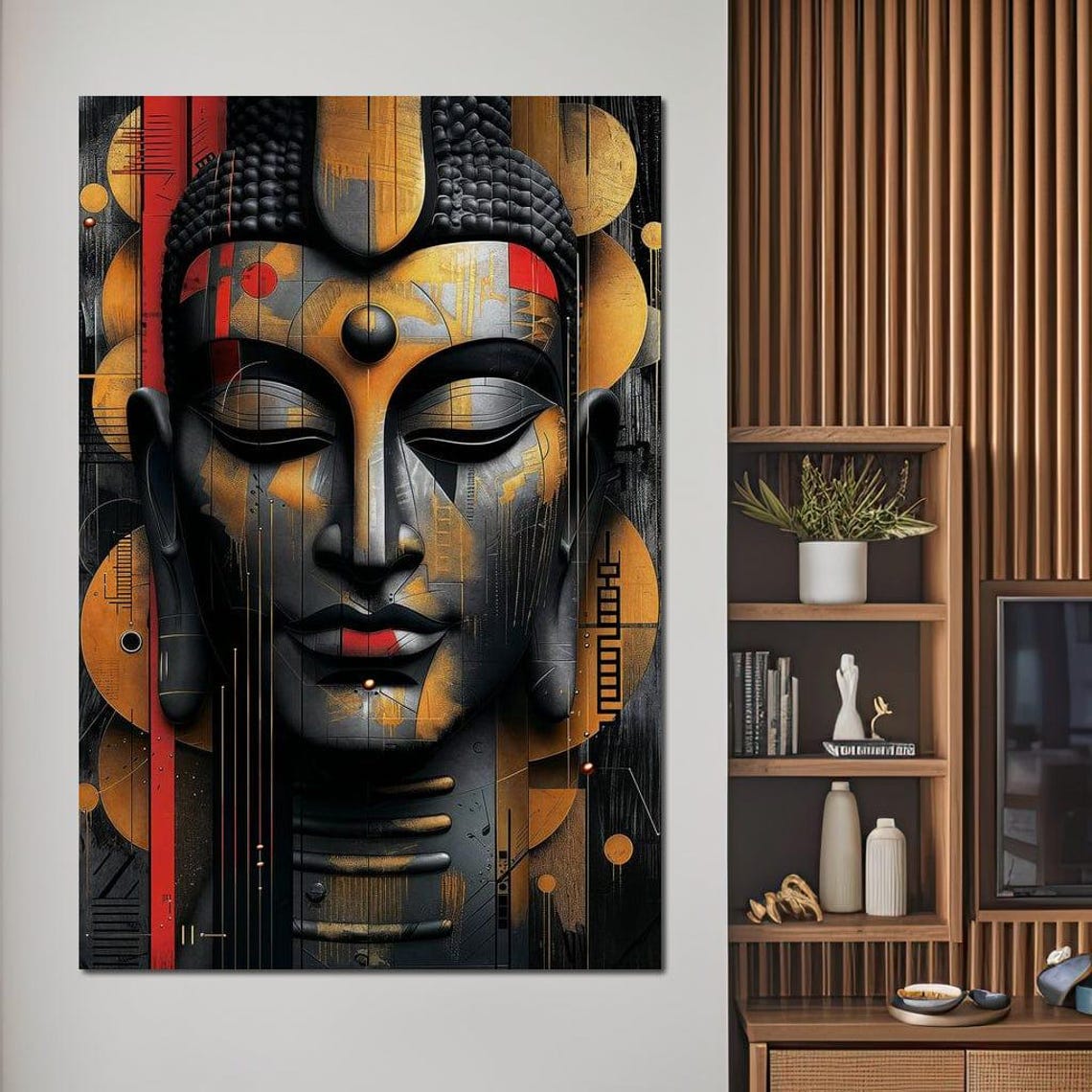 Geometric Buddha Face Gold Red Black Modern Zen Wall Art Poster - Image 3