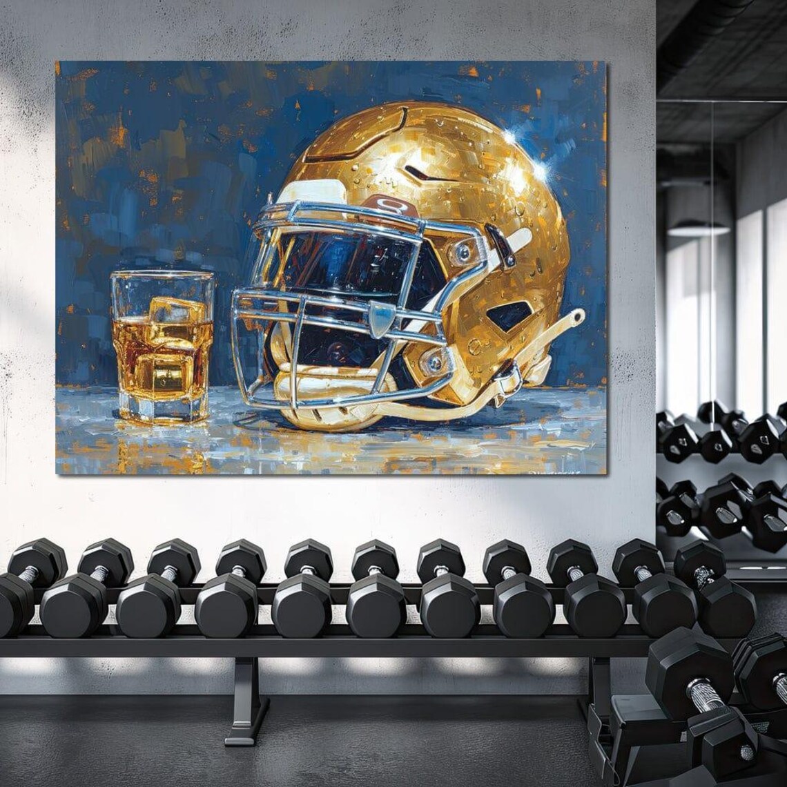 Golden Football Helmet Whiskey Glass Game Day Man Cave Sports Print - Image 2