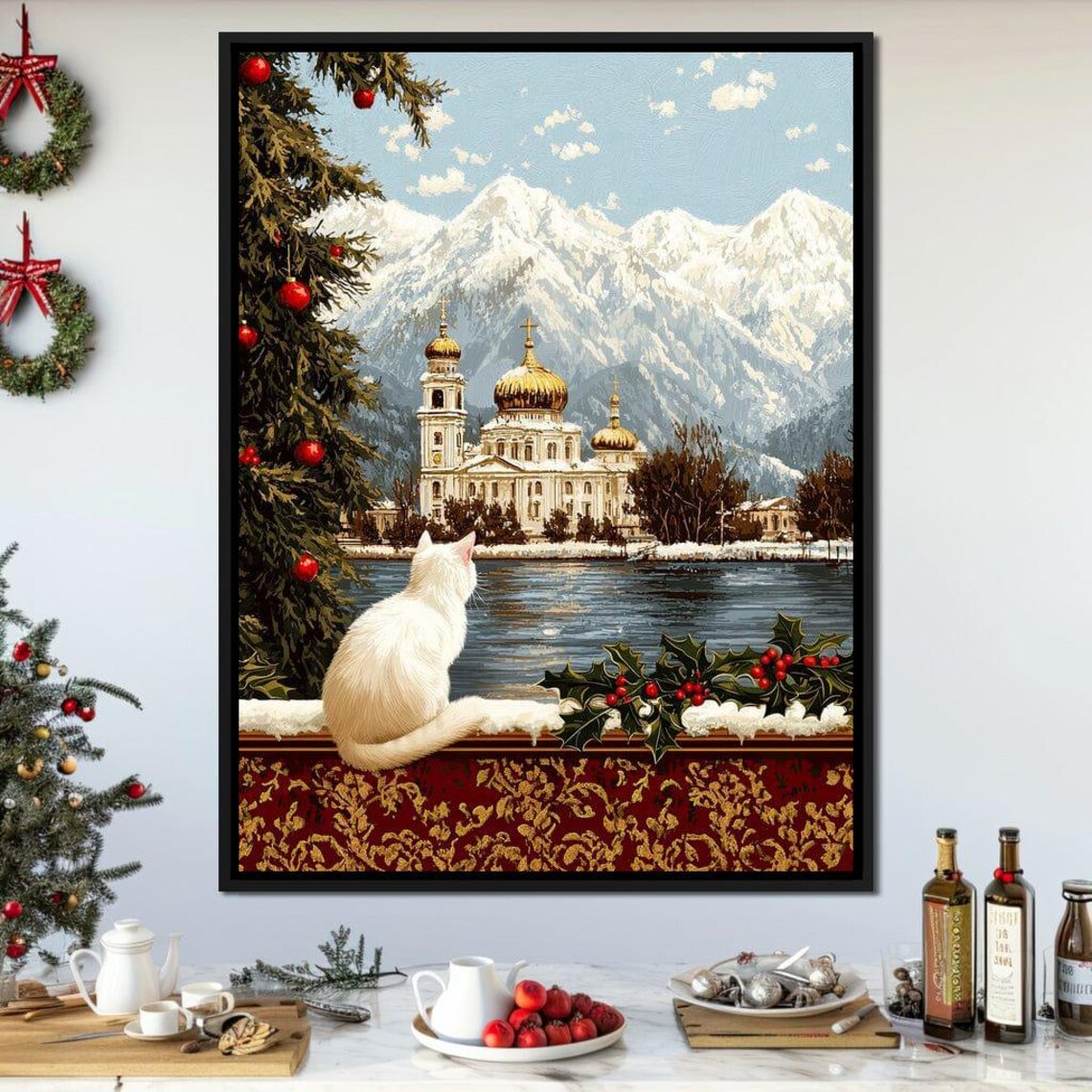 White Cat Gazing At Golden Domed Church By Snowy Lake Winter Poster