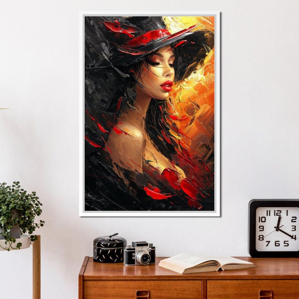 Fiery Elegance Woman Black Hat Red Orange Abstract Painting Poster - Image 2