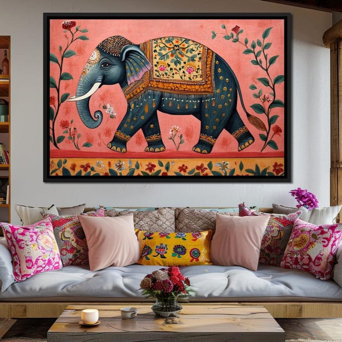 Coral Pink Elephant Gold Dots Ornate Traditional Floral Boho Poster - Image 3
