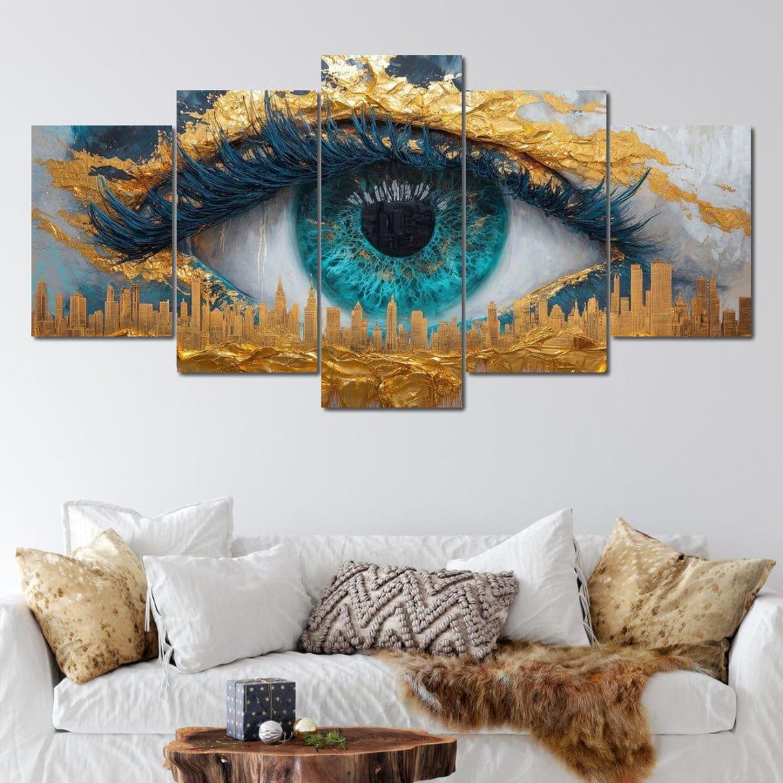 Blue Eye Cityscape Five Panel Gold Leaf Modern Urban Canvas Poster