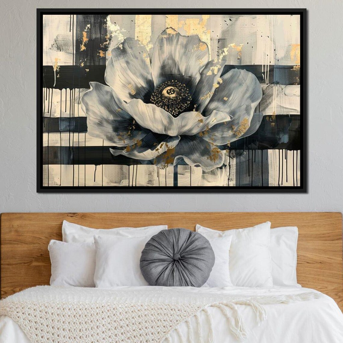 Abstract Black White and Gold Flower Acrylic Painting Wall Art - Image 3