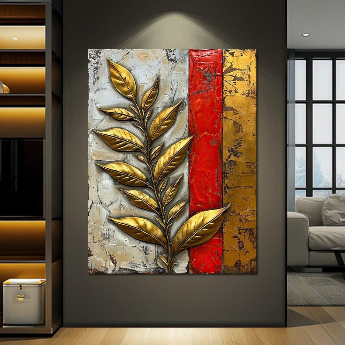 Gold Leaf Branch Red White Textured Abstract Botanical Wall Poster - Image 4