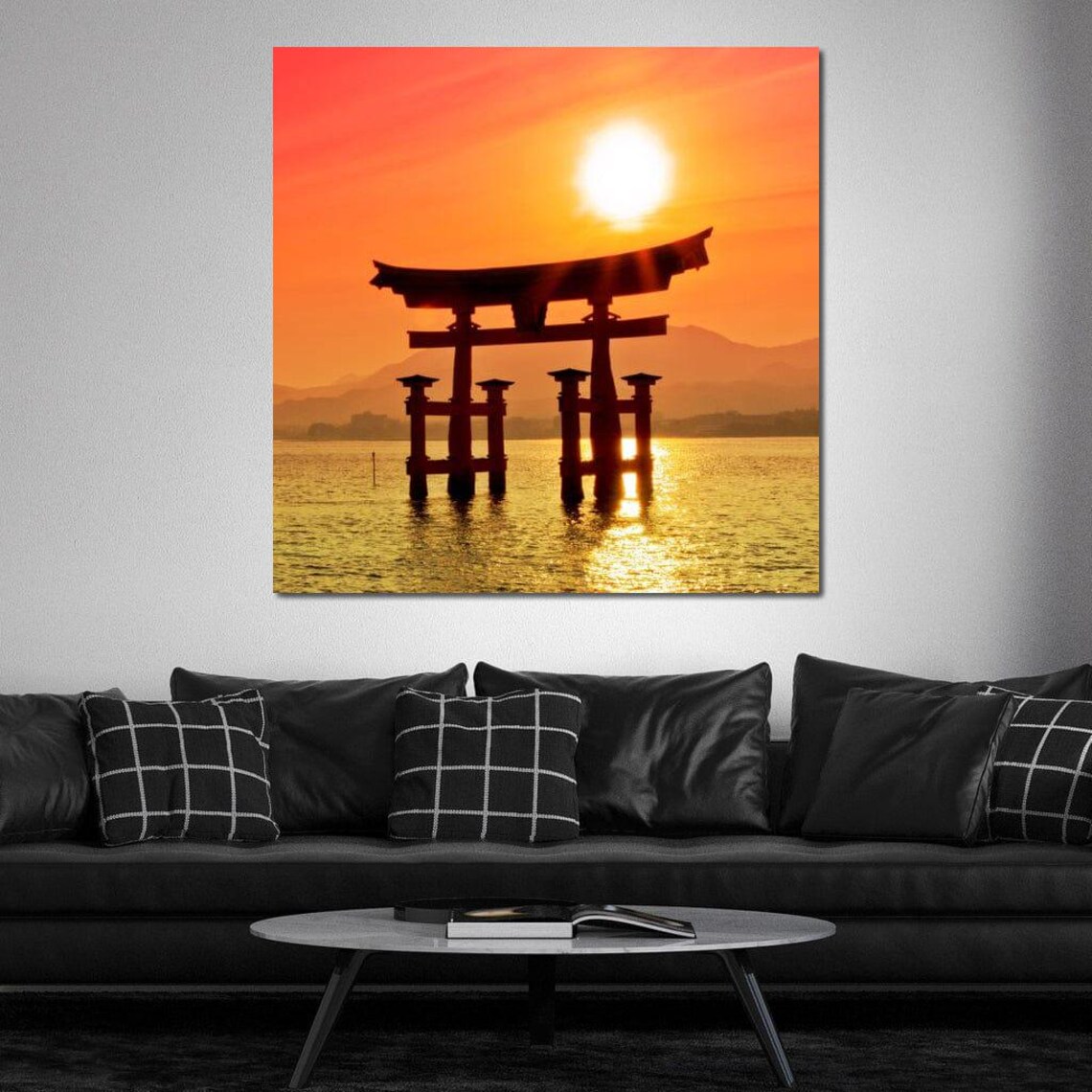 Japanese Torii Gate Silhouette Fiery Sunset Over Water Travel Poster - Image 2