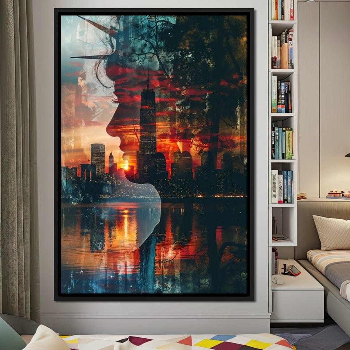 Statue Of Liberty Double Exposure NYC Skyline Sunset Reflection Poster
