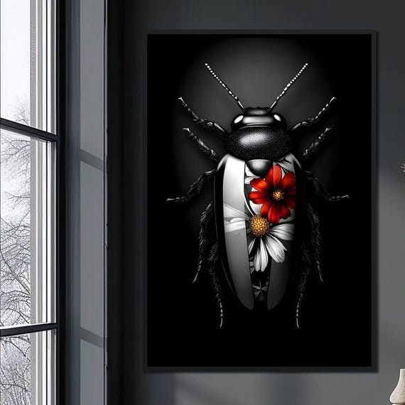 Petals And Velvet Wings Insect Art Nature Decor Black White With Red Home Decor Botanical Print By Nichecanvas