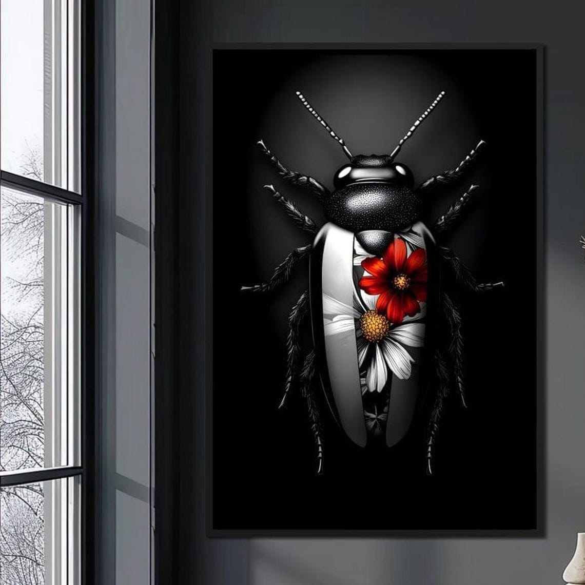 Petals And Velvet Wings Insect Art Nature Decor Black White With Red Home Decor Botanical Print By Nichecanvas