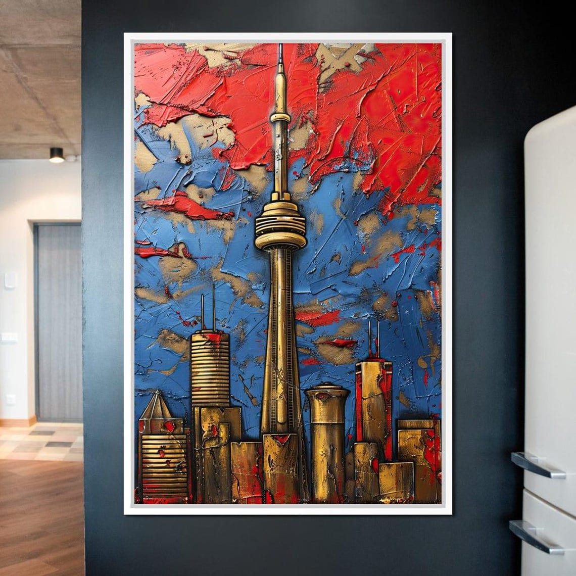 Toronto CN Tower Skyline Red Blue Gold Abstract Cityscape Wall Art - Image 2