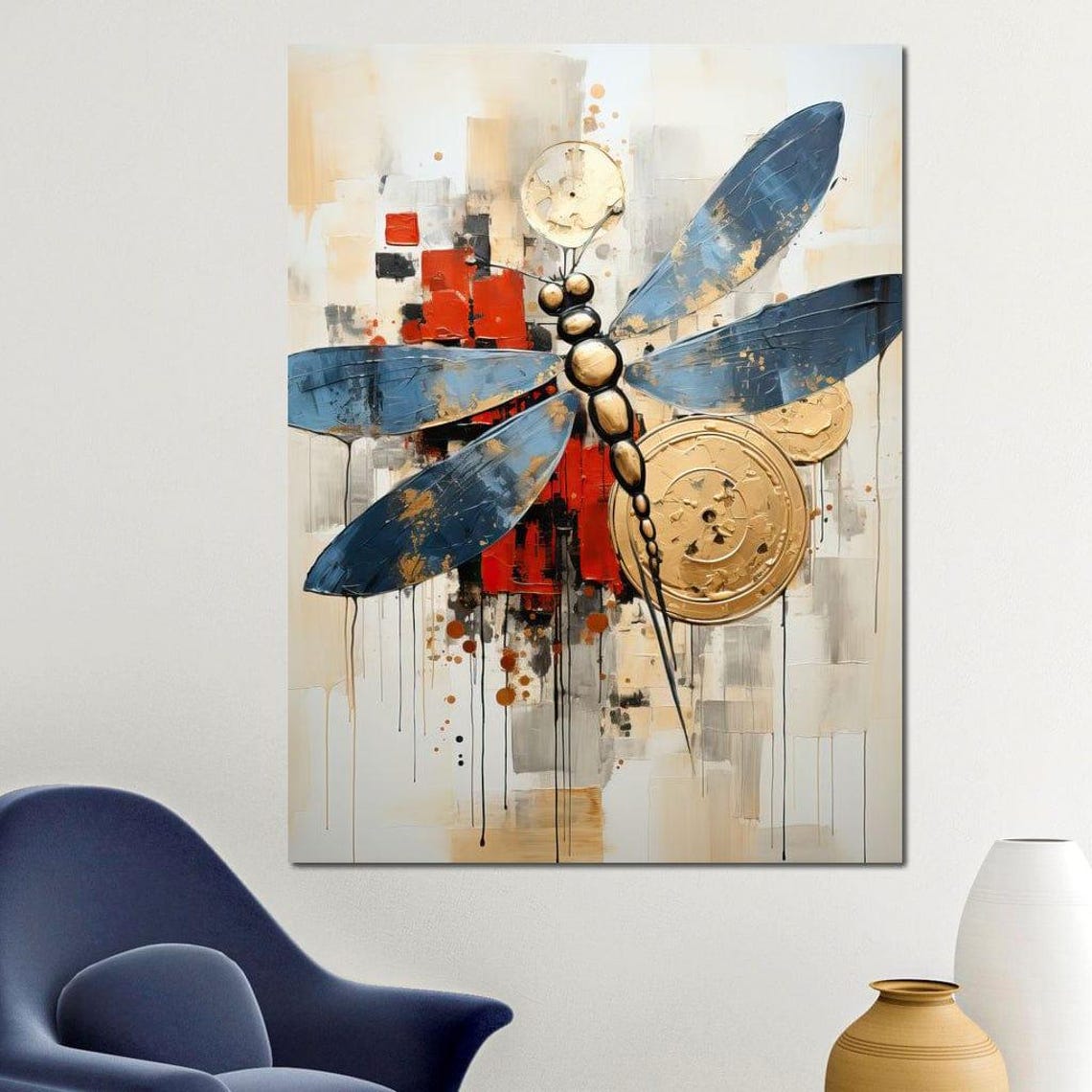 Blue Winged Dragonfly Gold Circles Abstract Modern Nature Art Poster - Image 4