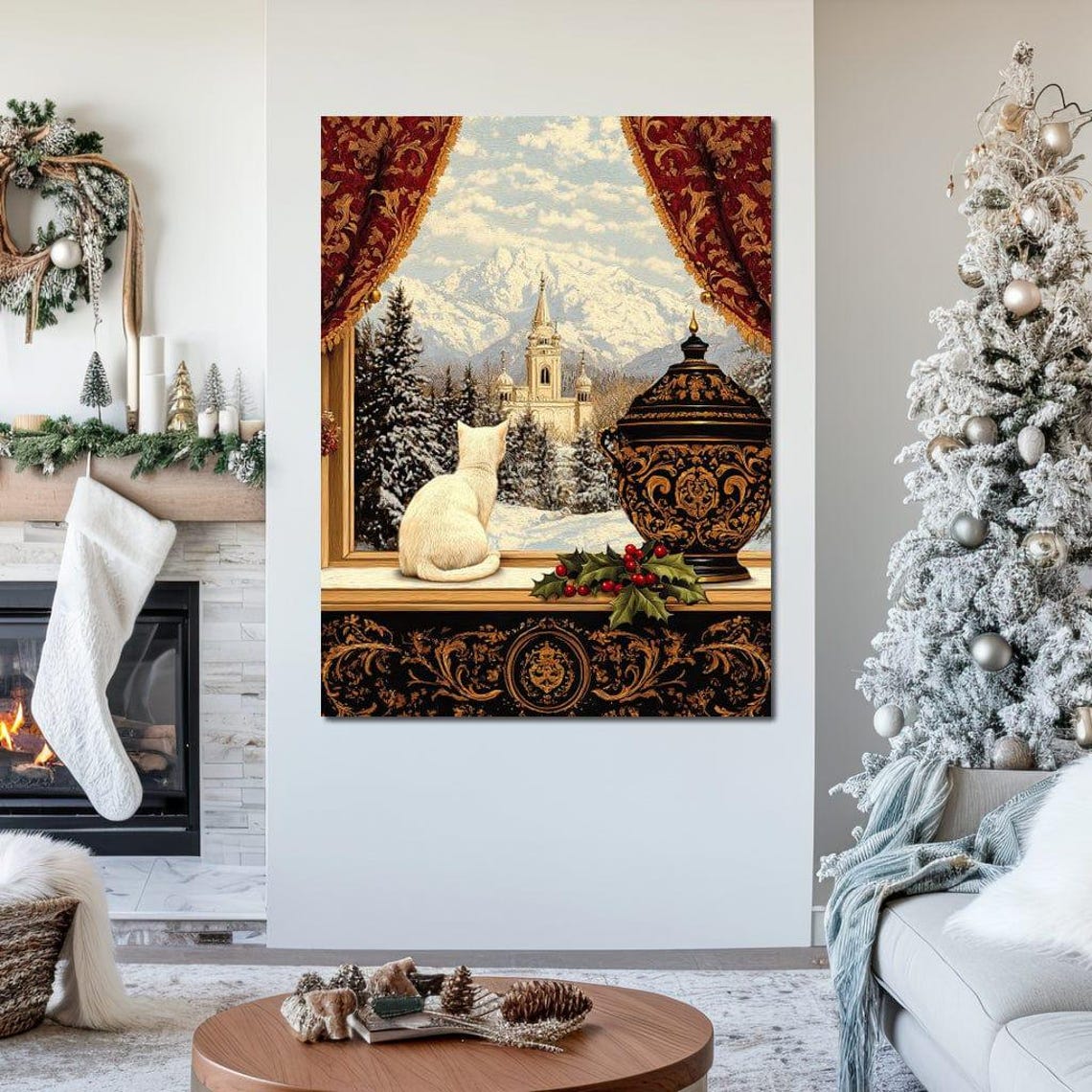 White Cat On Ornate Windowsill Overlooking Snowy Cathedral Poster - Image 2