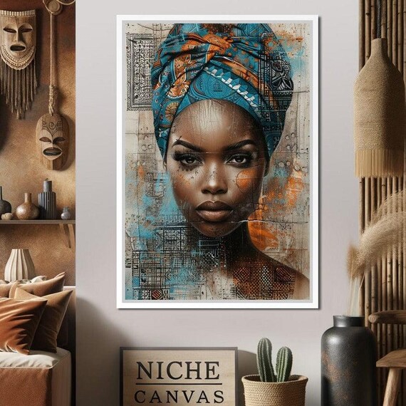 Tribal Grace In Blue Orange Afrocentric Boho Wall Art Modern Decor Ethnic Portrait Vibrant Print Art By Nichecanvas