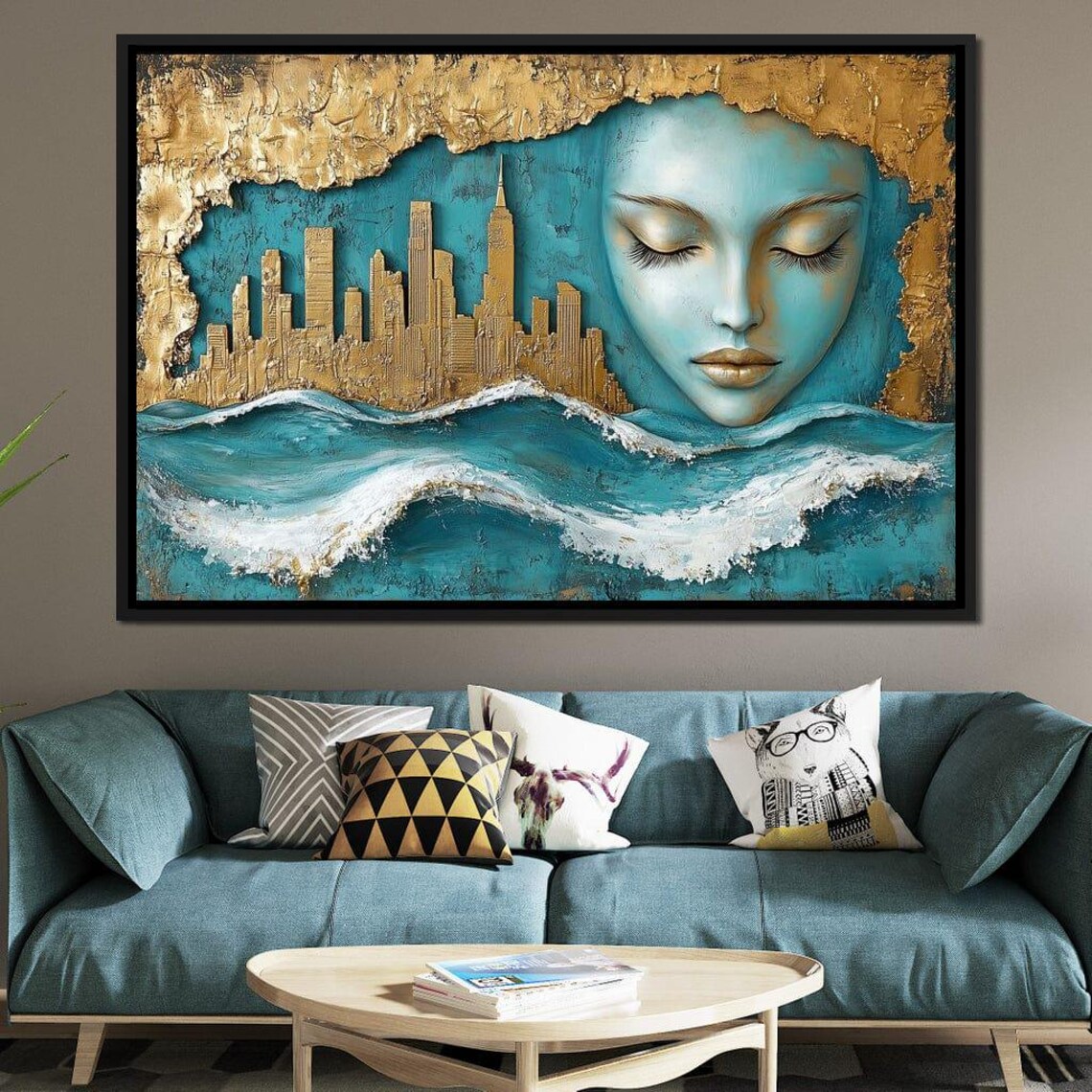 Golden City Skyline Ocean Waves Serene Woman Face Surreal Decor Poster