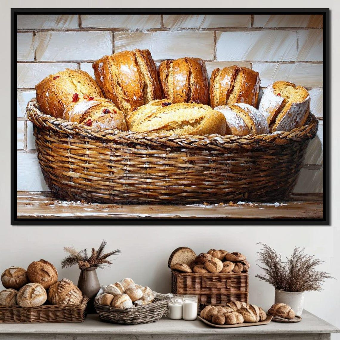 Artisan Bread Basket Rustic Bakery Still Life Kitchen Wall Art